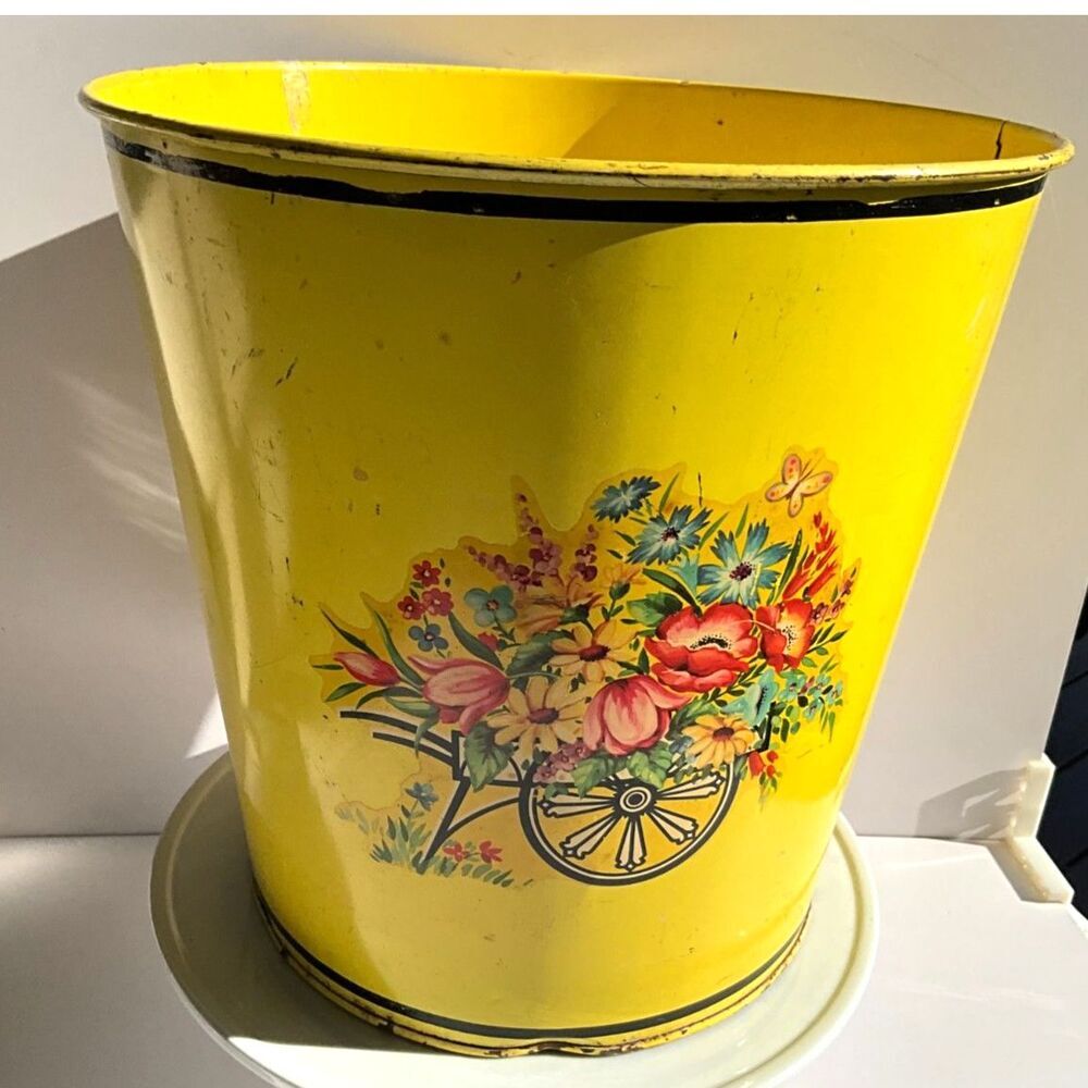 Vintage metal MCM waste paper basket/trash can floral decal so cute